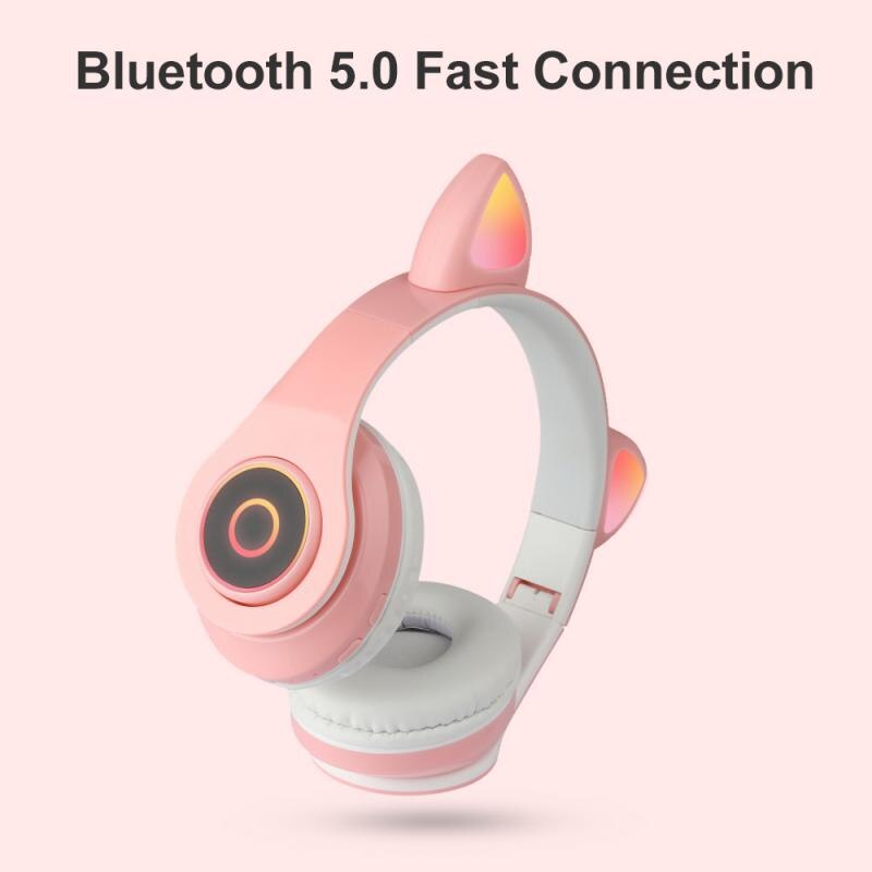 Auriculares inalámbricos con Bluetooth y micrófono para chica, cascos con orejas de gato, luz Flash, Decoración LED, estéreo, música, teléfono,