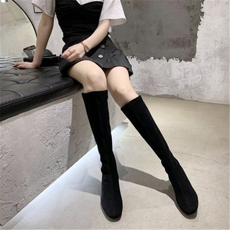 Kvinner lange støvler vårstøvler botas kvinnelige stretch flock slanke støvler sko kvinne svart grå beige roma knehøye støvler