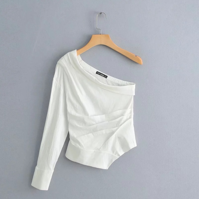 Chemise asymétrique à manches longues pour femme, plissée, décontractée, couleur blanche, été, style biais col chic hauts streetwear S5526