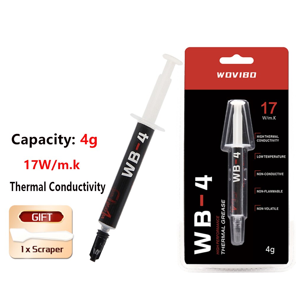 Wovibo-pasta térmica WB-4 WB 4 4g 1g 17 w/m-k para CPU, disipador de calor para impresora GPU, Enfriador de refrigeración, compuesto de grasa térmica de silicona: Capacity 4g