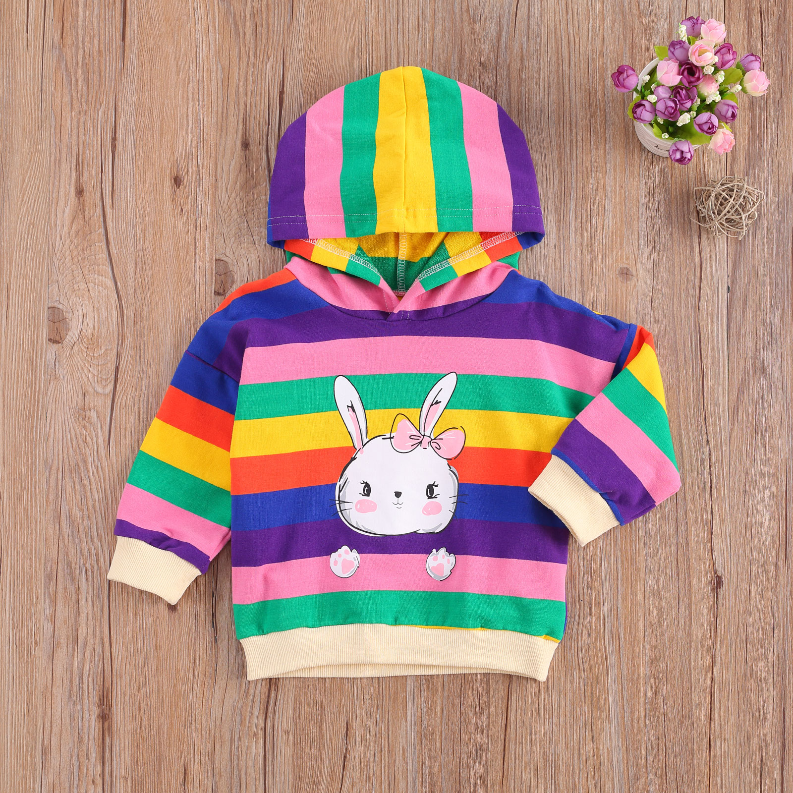 Baby Girl Striped Hooded Coats Infant Striped Sweater, Baby Casual Style Long Sleeve Rabbit Pattern Hooded Pullover 1-6 Years