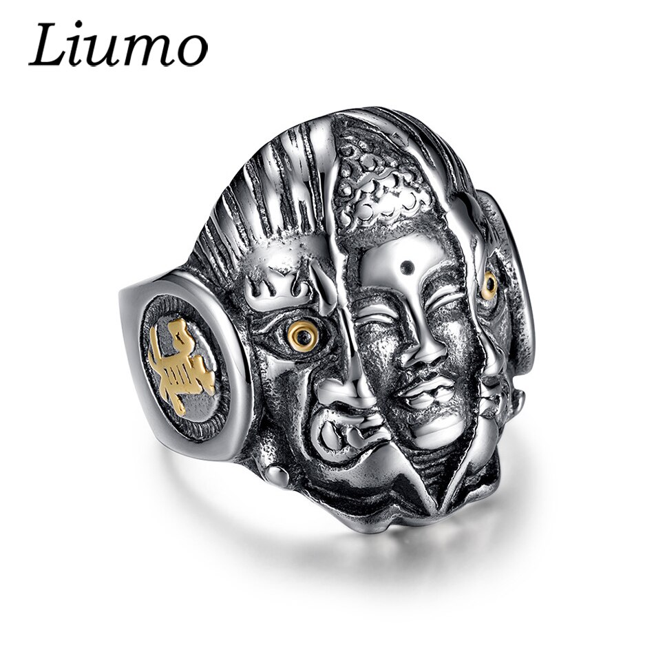 Liumo Punk Stijl Thailand Boeddha Devil Evil Skull 316L Rvs Man Biker Ring Lr331