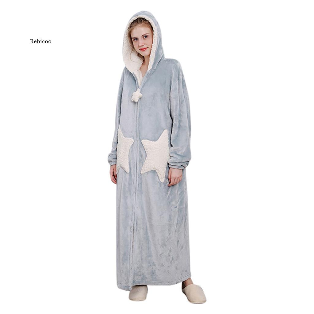 Peignoir en molleton pour femme, vêtement d'hiver, avec capuche épissée, fermeture éclair et poches