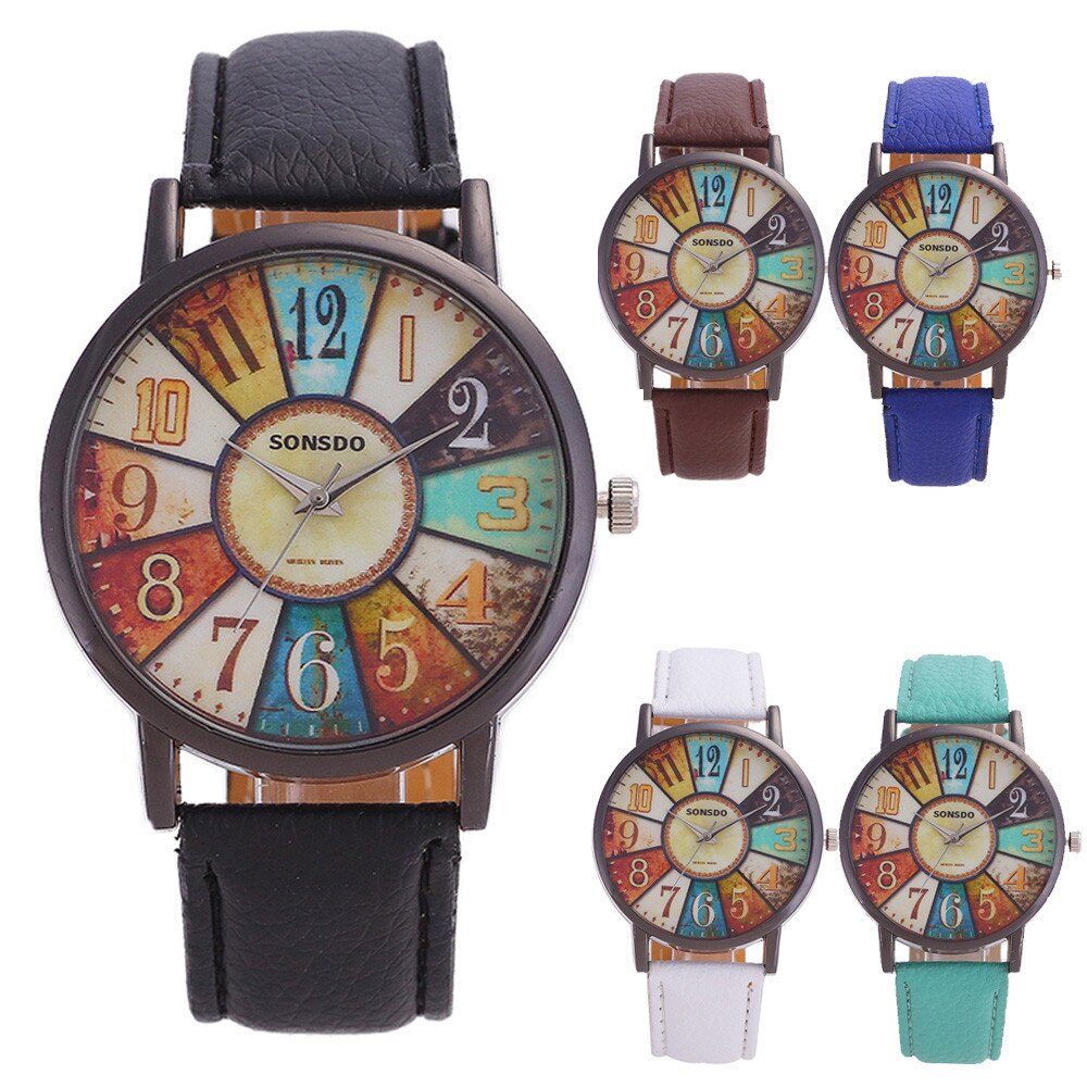 Reloj de cuarzo de estilo Retro para mujer, cronógrafo analógico de cuero de imitación con estampado de grafiti informal