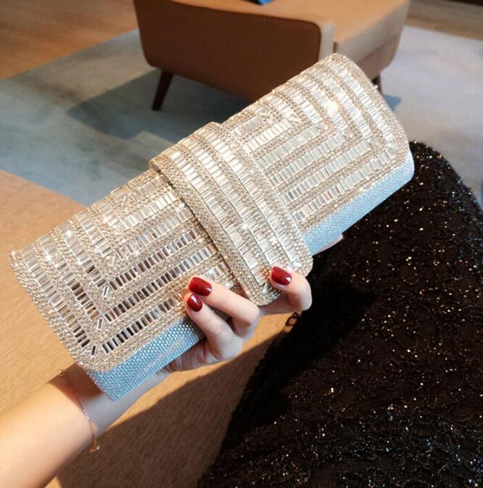 Bolso de mano de noche plisado con diamantes de imitación a la para Mujer, cadena para cartera de mano para Mujer, bolso para novia, bolso para boda, bolso para Mujer: silver