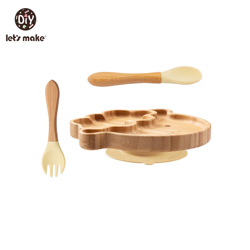 Let&#39;s Make Baby Dinner Plates Set Wooden Cartoon Dinner Plate Fork Spoon Children Feeding Plate Safe Edible Silicone Product: Set 9