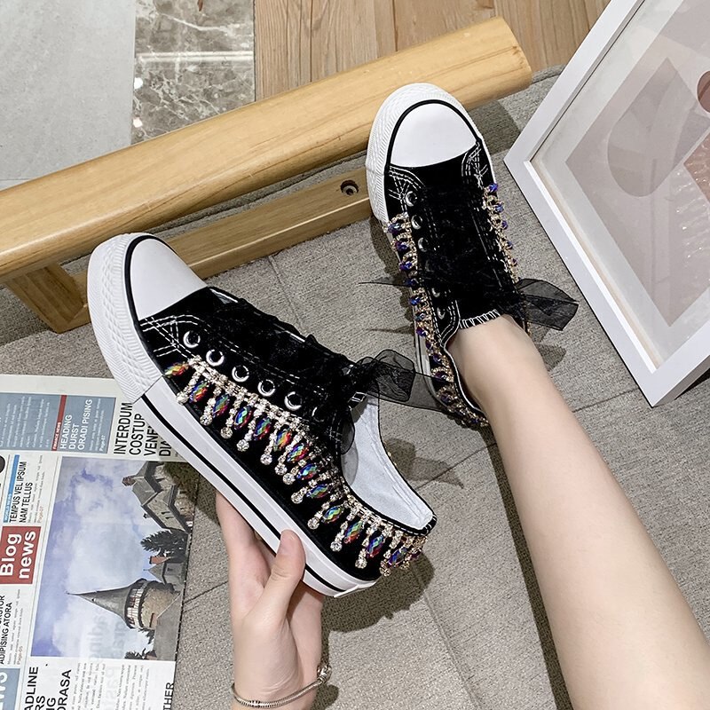 Baskets femmes perles cristal chaussures femmes toile chaussures loisirs à lacets baskets basses noir blanc basket Femme