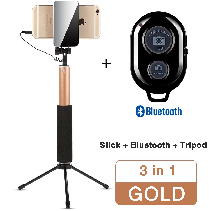 Palo de selfi con Bluetooth para teléfono móvil, palo de Selfie con Control remoto, trípode, soporte de mesa, espejo, para Xiaomi/Huawei: 3 in 1 gold