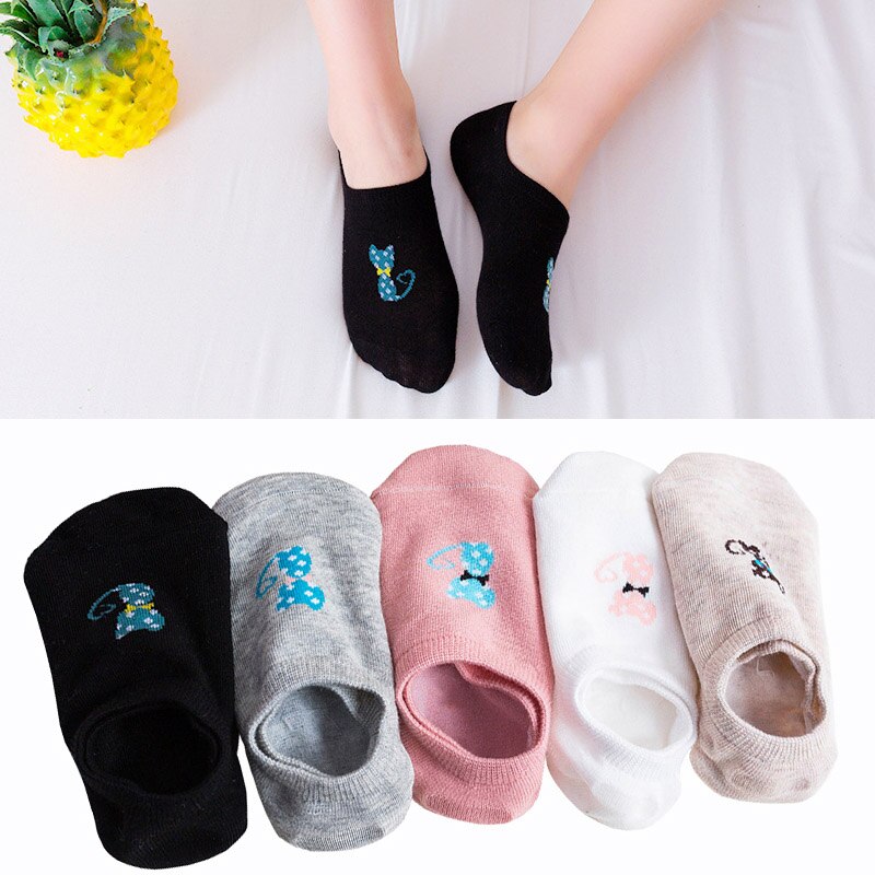 5 pares de pantuflas con medias de algodón para mujer, calcetines cortos invisibles antideslizantes de verano para mujer, calcetines de dibujos animados de animales estampados, divertidos calcetines bonitos: Cat