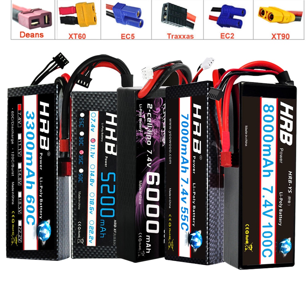 HRB 2S 7.4V RC Lipo Battery 3300mah 4200mah 6000mAh 7000mah 8000mah 100C Hard Case For Traxxas 1/10 Scx10 1/12 RC Monster Cars