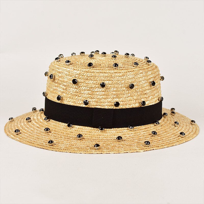 Paja de trigo Natural hecha a mano, decoración de costura de diamantes, sombrero de paja de jazz, viaje al aire libre, Playa: black brim 7cm
