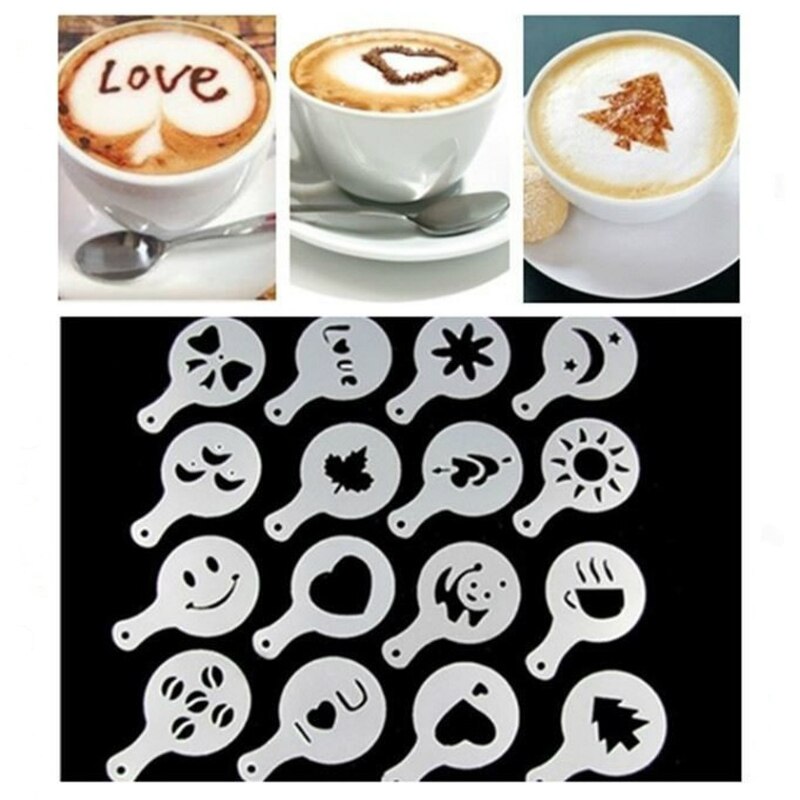Koffie Cake Plastic Stencil Decoratie Cupcake Template Mold 16 Stks/set Levensechte Cappuccino Latte Stencil Koffie Mold Gereedschap