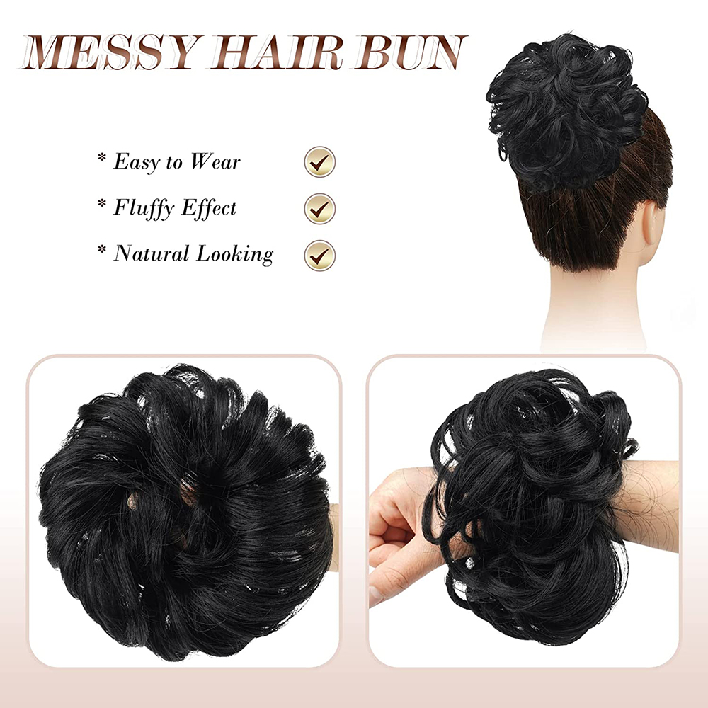 Extensiones de moño de pelo sintético para mujer, coleteros de pelo rizado desordenado, moño negro, Donut, piezas Updo para uso diario en fiestas