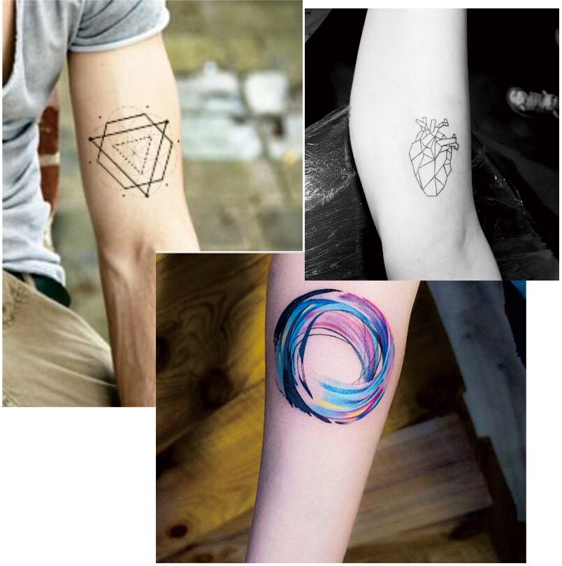 T1802 1 bit geometrisk linje tillfällig tatuering med triangel berg, linje, hjärta och rundhet mönster kroppsmålning tatueringar