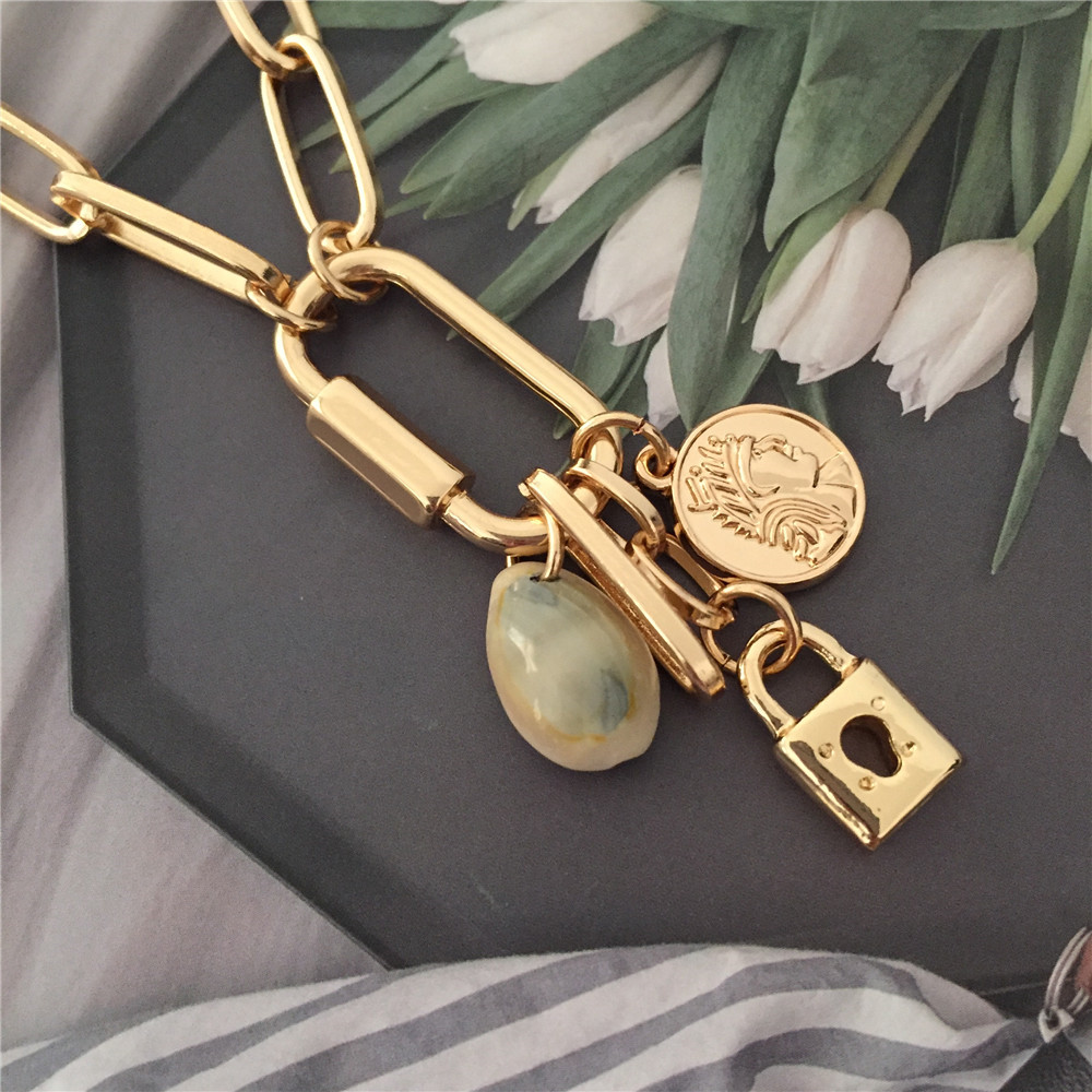 Lovely Gold Color Plating Lock Engraved Coin Natural Shell Charm Hanging ON Clip Necklace For Women Girl Trendy Chic Jewelry