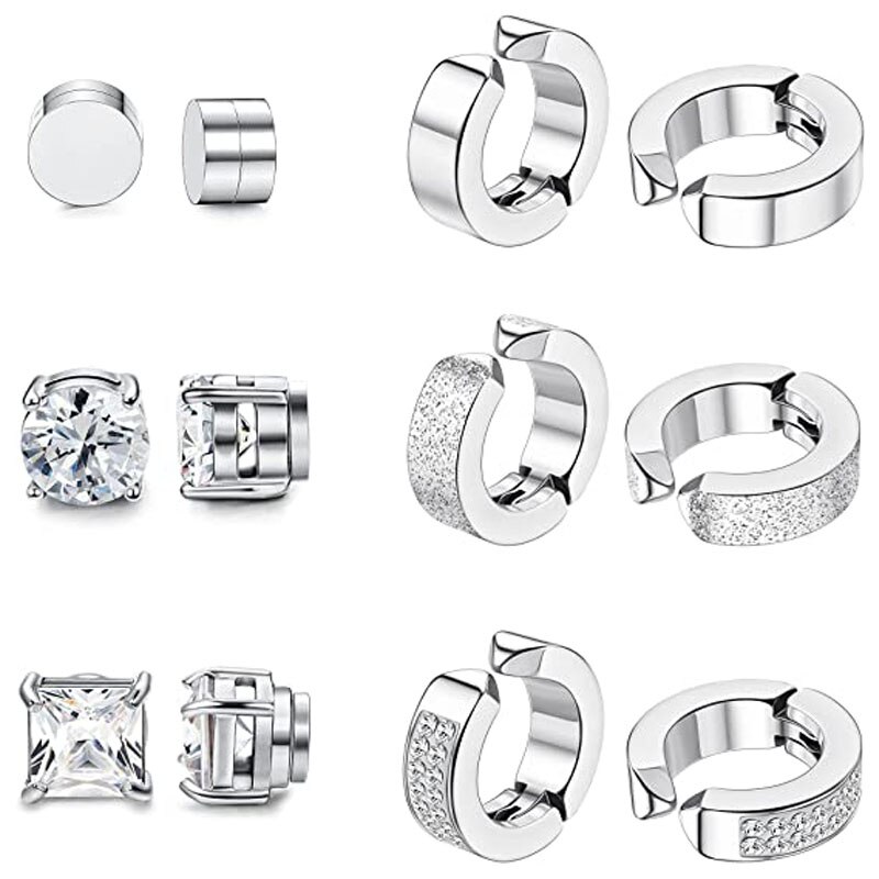 Boucles d&#39;oreilles magnétiques en acier inoxydable, 6 paires, Clip sur CZ, sans perçage, pour hommes et femmes, tous âges: 1 Set-6 pairs