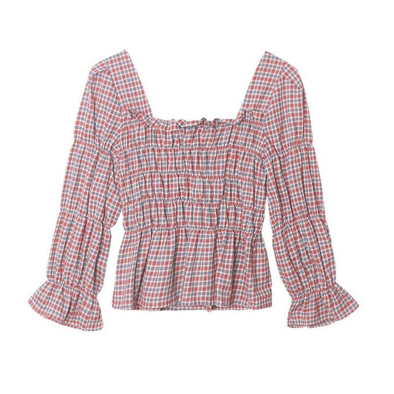 Liva Girl Retro Shirt Women Square Collar Blouse Plaid Printed Flare Sleeves Slim Waist All-Match Picture Color 2xl Camisa: XL