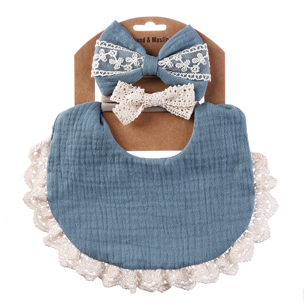 Babyvoeding Kwijl Bib Kant Hoofdband Set Zachte Katoen Speeksel Handdoek Burp Doek Voeden Kwijlen Slabbetjes Schattige Kinderen Haar Accessoires: Blauw
