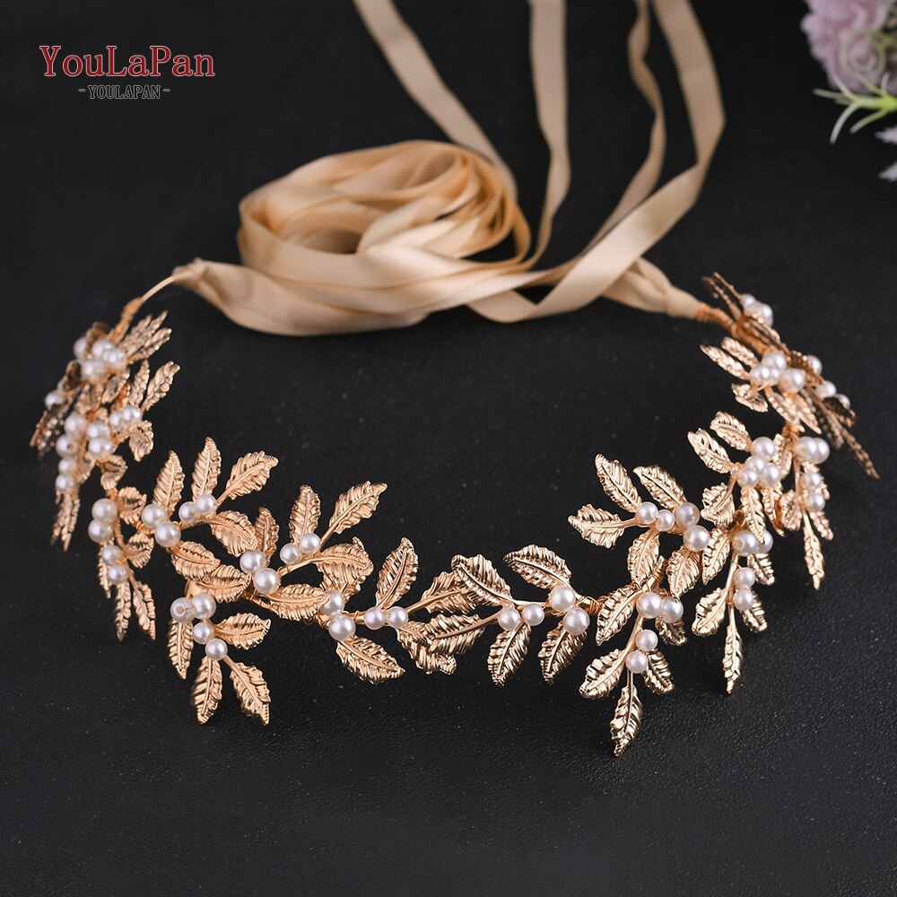 Topqueen  sh353 pearl bride brudklänning bälte gyllene blad brudtärna klänning bälten för kvinnor elastiskt utsmyckat midjebälte: Champagneband