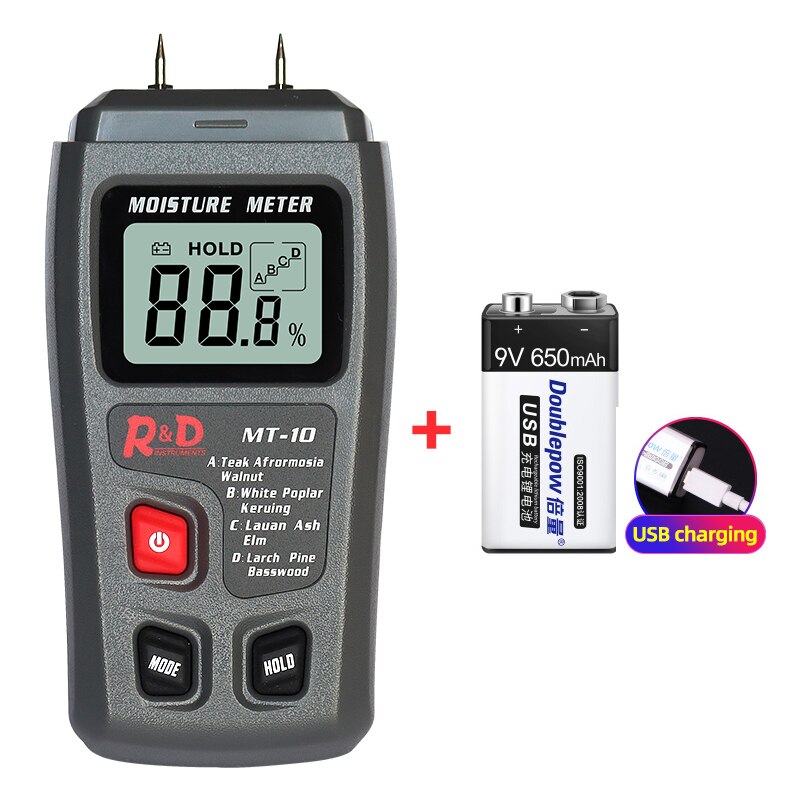 Medidor de humedad de madera MT10, higrómetro, Detector de humedad de madera, probador Digital de densidad de árboles gris EMT01: Grey with battery