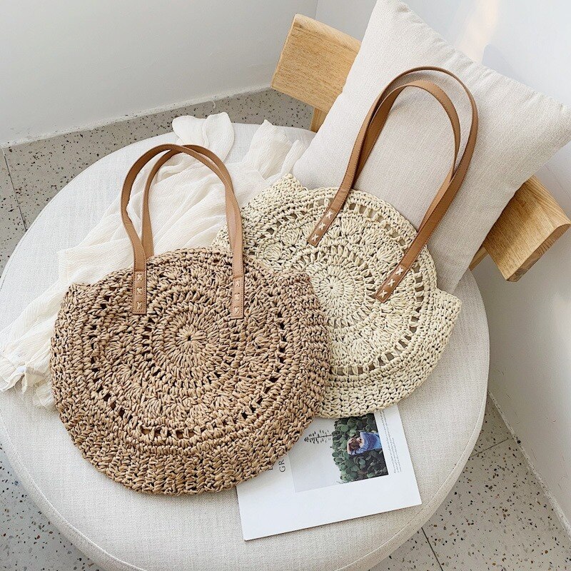 Rund strå strandtaske vintage håndlavet vævet skuldertaske raffia cirkel rattan tasker boheme sommerferie casual tasker