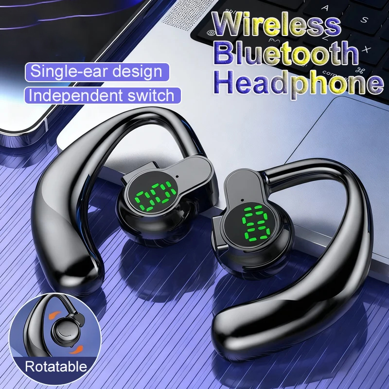 Cuffie bluetooth wireless monoauricolare con display digitale e microfono, batteria a lunga durata per sport, sonno e musica.