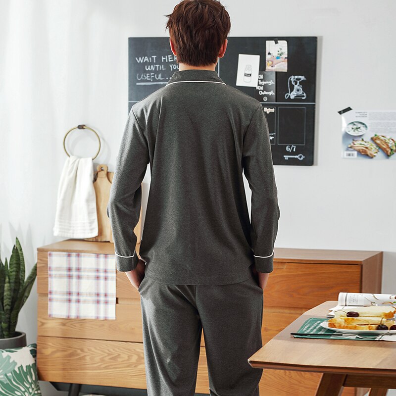 Höst vinter herr pyjamas set långa ärmar lösa hemkläder manlig bomull sov toppar kläder grå casual stor storlek