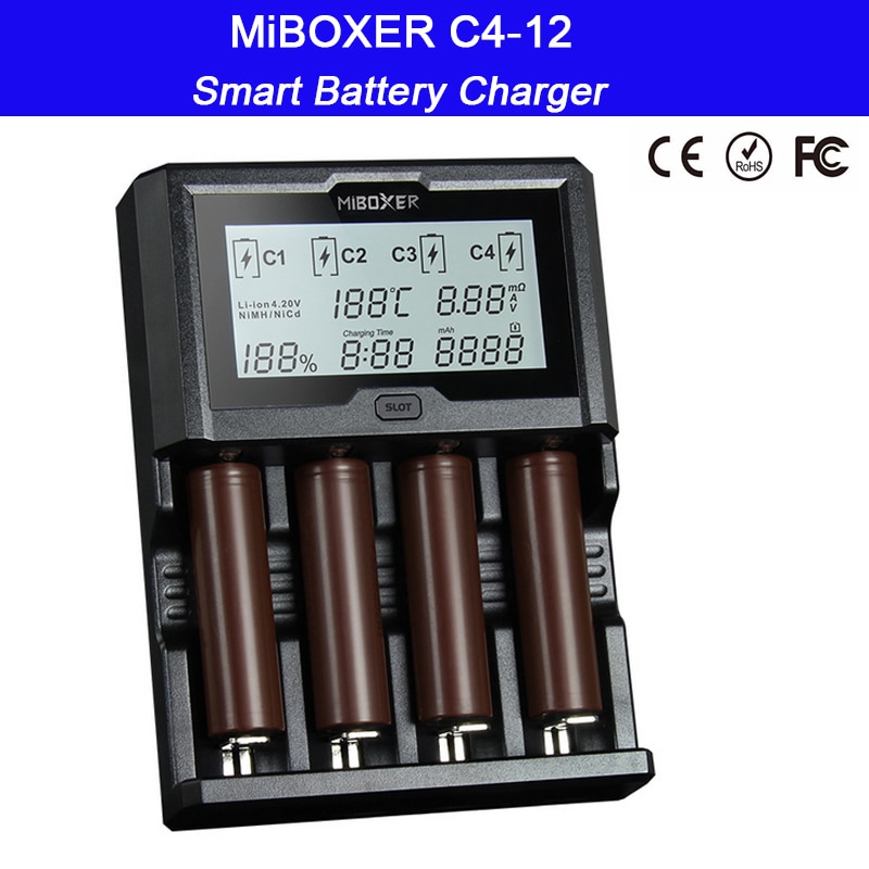 Miboxer  c4-12 12a 4 slots lcd-skærm smart batterioplader til li-ion/ni-mh/ni-cd/lifepo 4 18650 14500 26650 aaa aa batteri