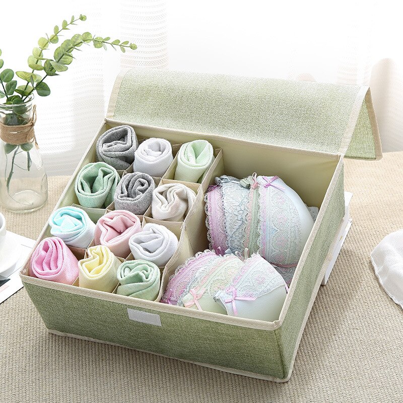 Cajón de almacenamiento de sujetador, organizador de armario, cajas plegables de algodón lavable, caja de acabado de lino portátil con cubierta, ropa interior y calcetines: Green 13 grid