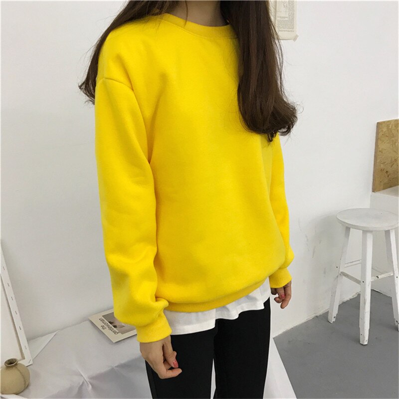 Sudaderas mujer harajuku solid sweatshirt kvinder langærmet hættetrøje løs kvinder hættetrøjer sweatshirts afslappet træningsdragt: Gul