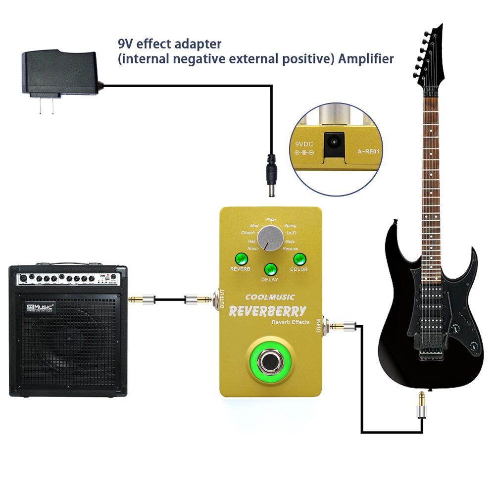 Pedal de efectos de reverberación Digital de guitarra eléctrica COOLMUSIC A-RE01 con 9 efectos de reverberación accesorios de guitarra de Metal de Bypass verdadero
