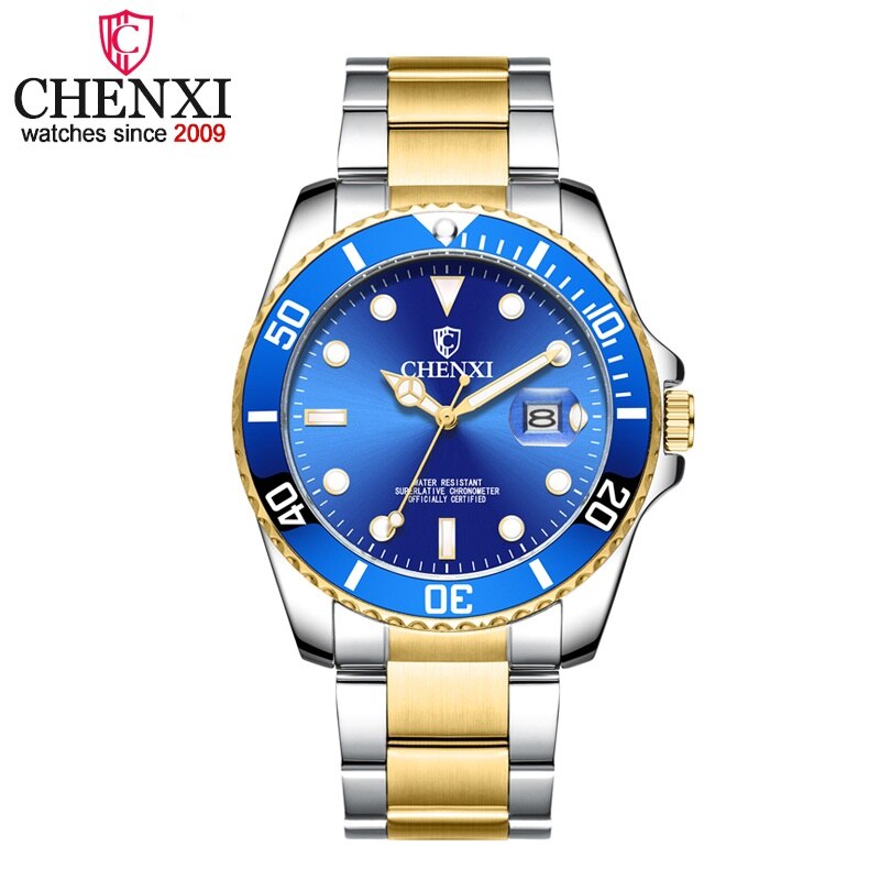 Chenxi herreure mænds forretningskvartsur vandtæt ur mandlige ure i rustfrit stål relogio masculino: Sølv guld blå