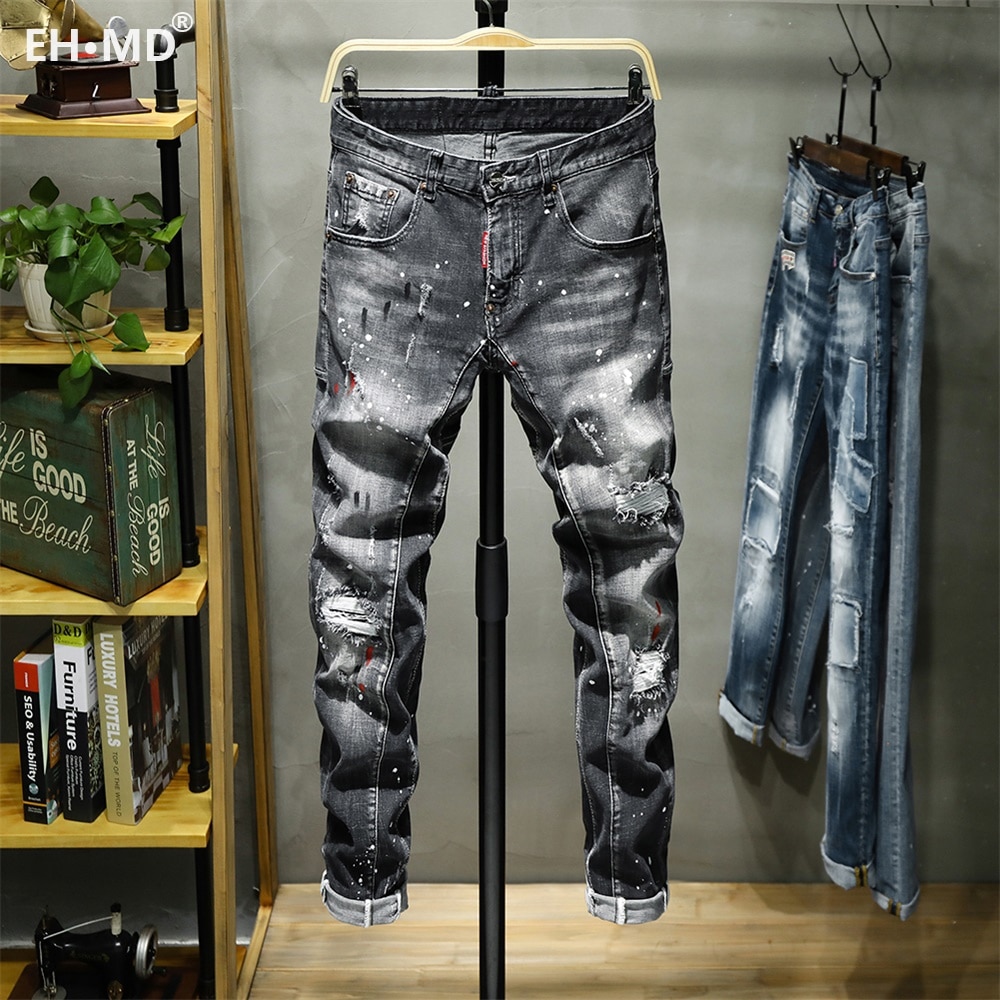 EH·MD® Ripped Hole Jeans Men's Paint Dots Ink Spla... – Grandado