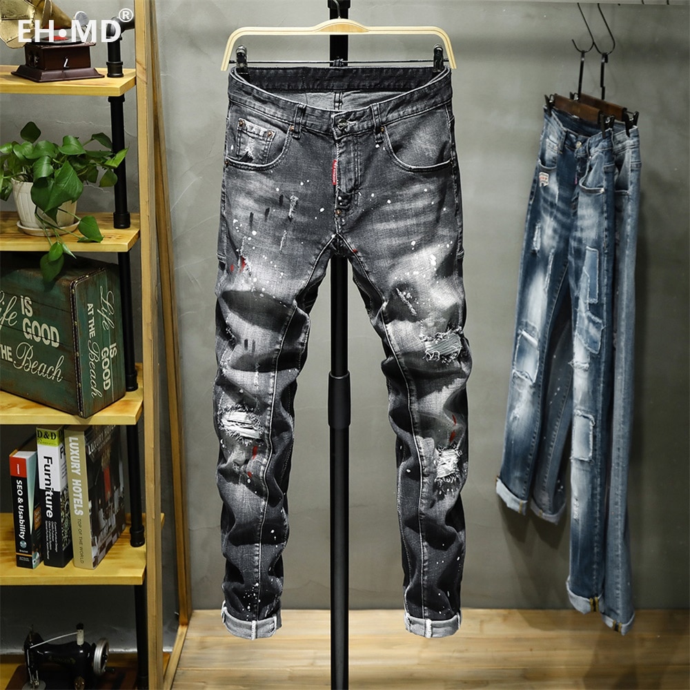 EH·MD® Ripped Hole Jeans Men's Paint Dots Ink Splattered Soft Cotton High Elastic Leather Label Black Grey Slim Pants Red Ears