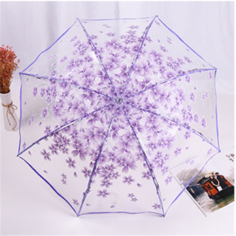 Fold paraply gennemsigtige paraplyer til beskyttelse mod vind og regn klart sakura klart synsfelt husholdnings regntøj: Lilla 3