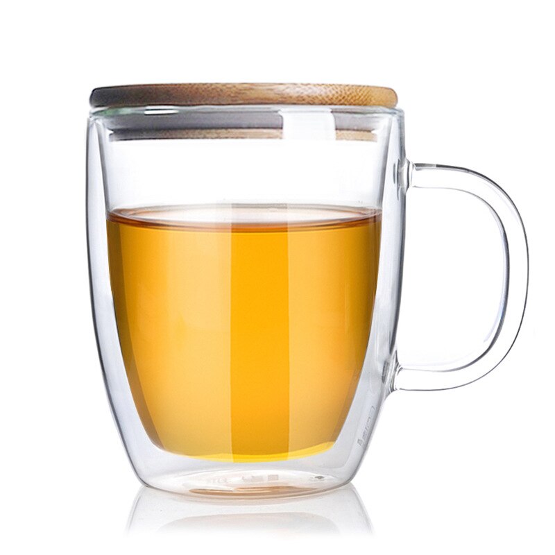 Vasos de agua grandes de 475ml, vaso de vidrio para beber, vasos de zumo con tapa de bambú, soporte grande para té, tazas de pared doble
