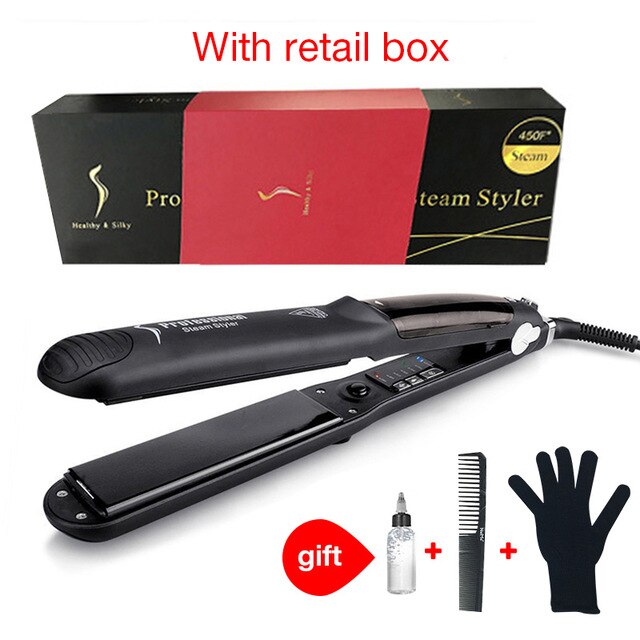 Hair Steam Straightener Ceramic Steam Flat Iron Vapor Plate Wet/Dry Hair Iron Steamer Styling Tool Hair Styling Accessories: EU Plug with box