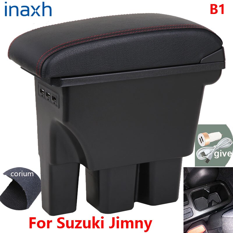 Für Suzuki Jimny Armlehne Jimny JB74 nachrüsten teile Auto Armlehne Kasten Lagerung Kasten Auto Innen zubehör 3USB: B1 Schwarz corium