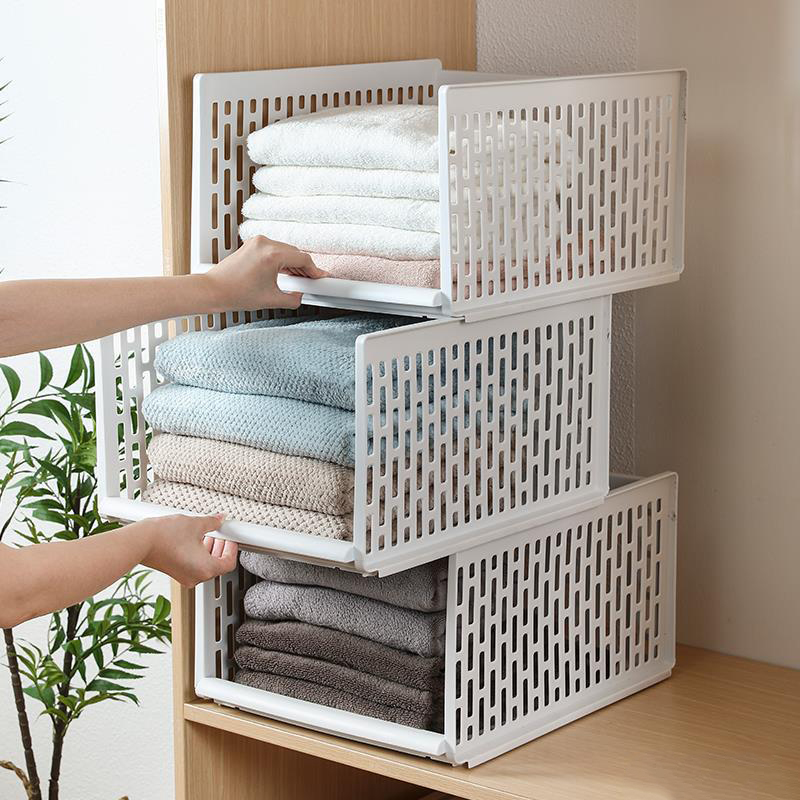Stackable Wardrobe Drawer Cabinet Organizer Drawer Clothes Closet Storage Box Shelves Plastic Layered Partitions Storage Rack