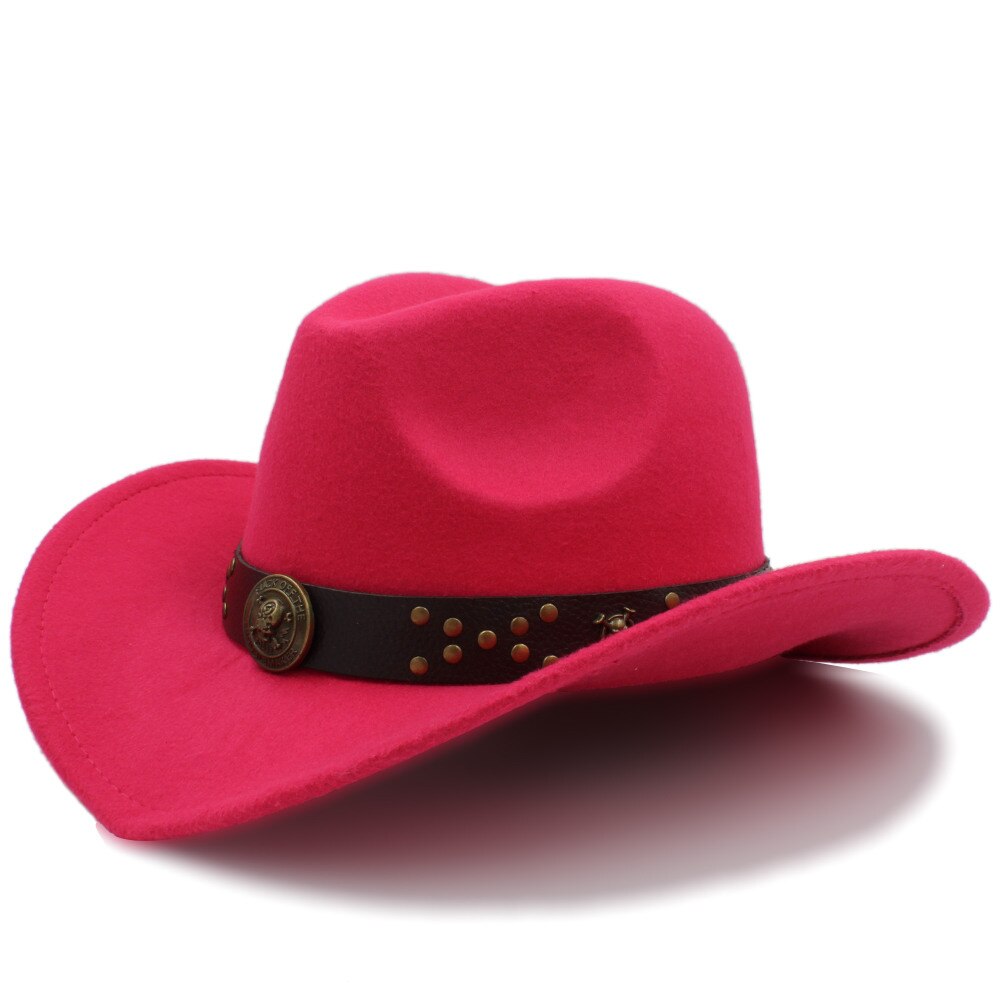 Klassisk kvinder uld chapeu western cowboy hat vinter efterår dame dronning jazz cowgirl sombrero hombre steampunk cap størrelse 56-58cm: Rosenrød