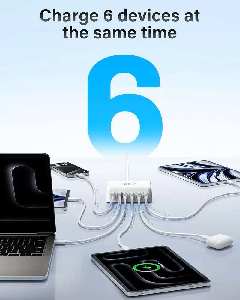 120w gan mobil ladestation 6- porte usb c vægoplader til strømadapter 45w/20w egnet til opladning af mobiltelefoner
