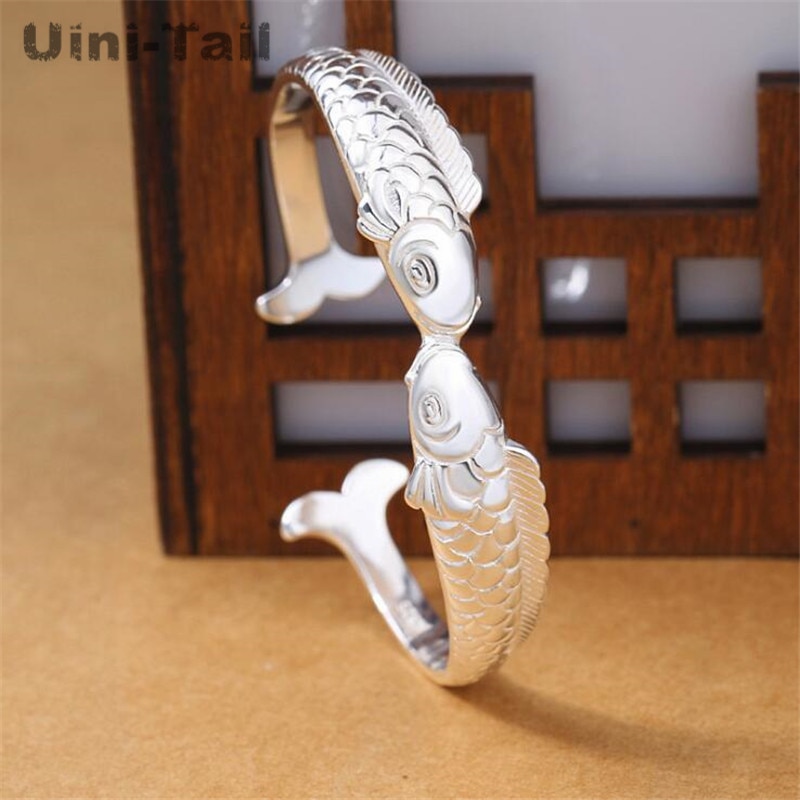 Uini-Tail 925 sterling silver two small fish opening bracelet Chinese national style trend retro bracelet ED393