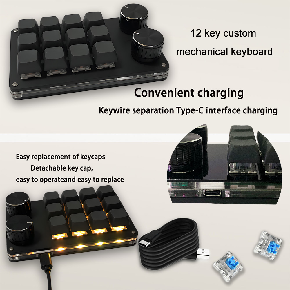 12 Keys Mini Mechanical Gaming Keyboard One Handed Keypad USB-C Wired Keypad Programmable and Swappable Keyboard for working