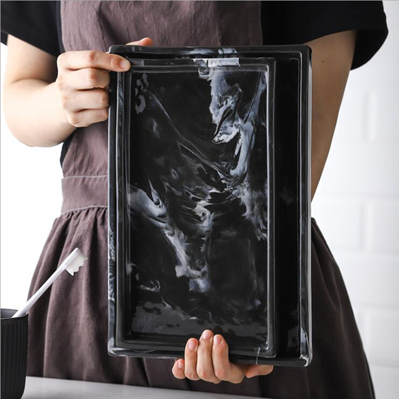 Nordic marbled ceramic tray rectangular jewelry plate storage tray hotel storage tray dessert plate