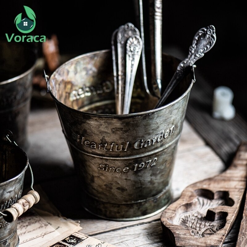 Seau Vintage poignée en fer | Vintage, seau métal rétro impression anglaise, fer dentelé, nourriture tasse de fruits, Pot de fleur, accessoires pour la maison photographie décoration