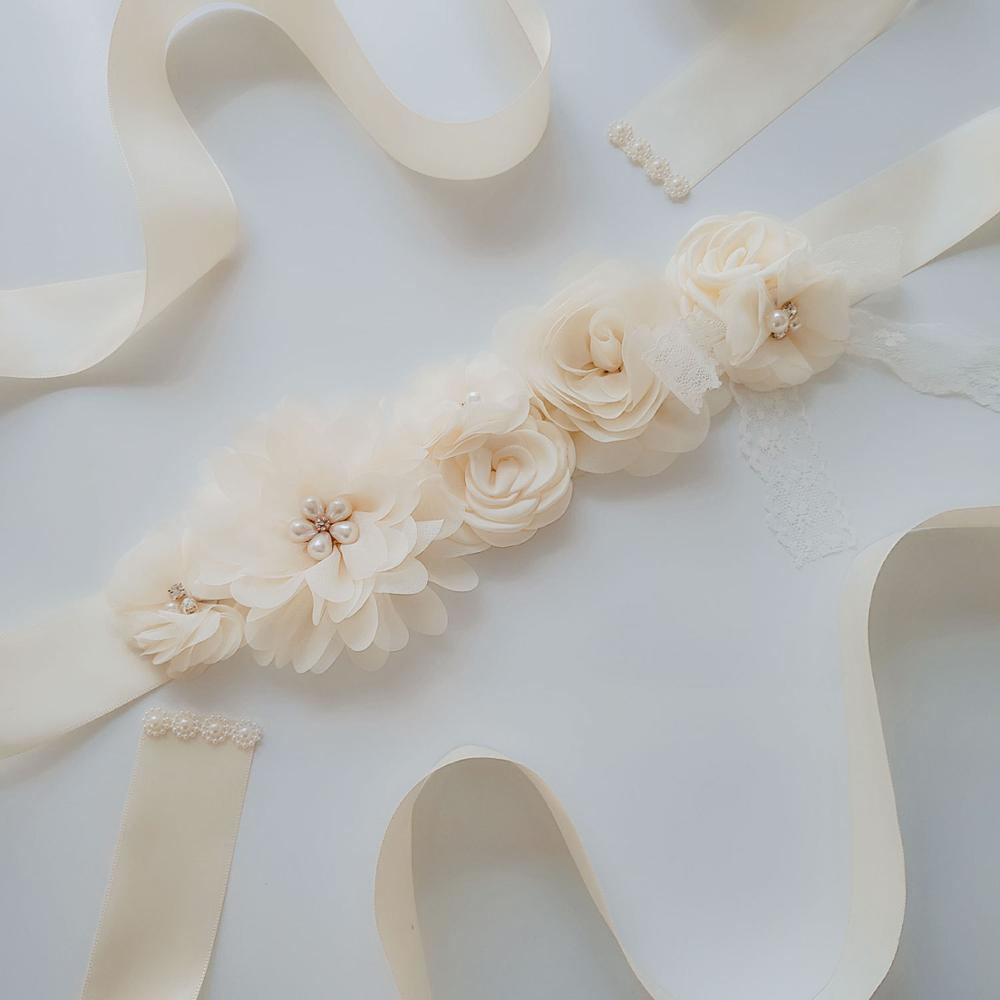 ruban de soie fleur mariée ceintures femme ceinture ceintures en mousseline de soie fleur dentelle nœud papillon accessoires de mariage longue robe: Milk White