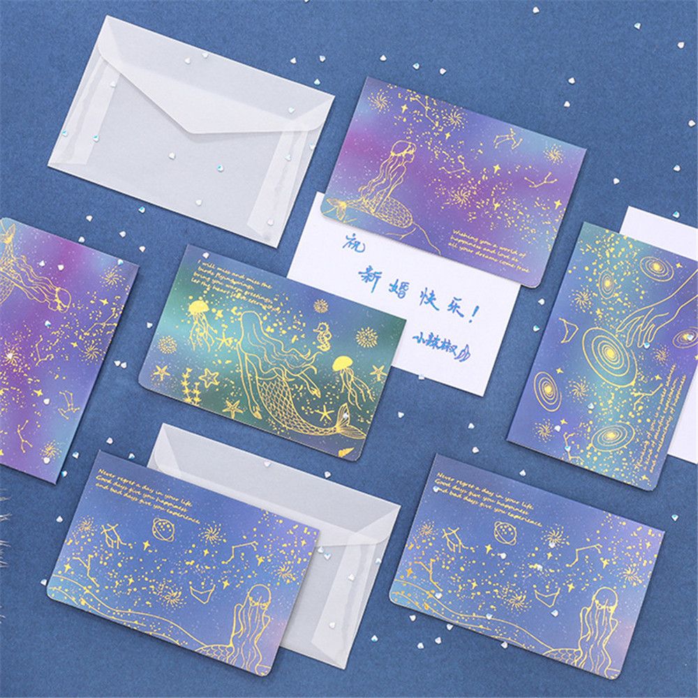 2Sets Doorschijnende Zuur Papier Vergulden Enveloppen Bruiloft Uitnodiging Kaart Cartoon Mermaid Party Postcard Kerstmis Supply Bag