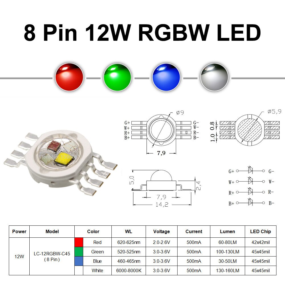 45MIL Rgbw Led Diode 8Pins High Power Led Chip 4W-12W Kleurrijke Vier Core Bronnen Diy voor Led Podium Verlichting Kralen 4.7