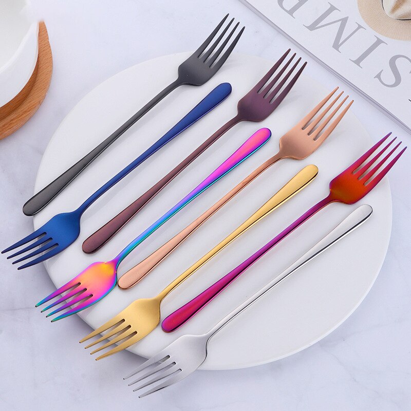 Roestvrij Staal Diner Vork Korea Kleurrijke Dessert Vork Lange Handvat Goud Blauw Zwart Vork Set voor Hotel Party