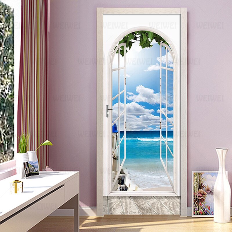 Sea View From The Window Wallpaper Wall Stickers PVC Self-adhesive Removable 3D Door Stickers Mural Bedroom Door Decor Poster